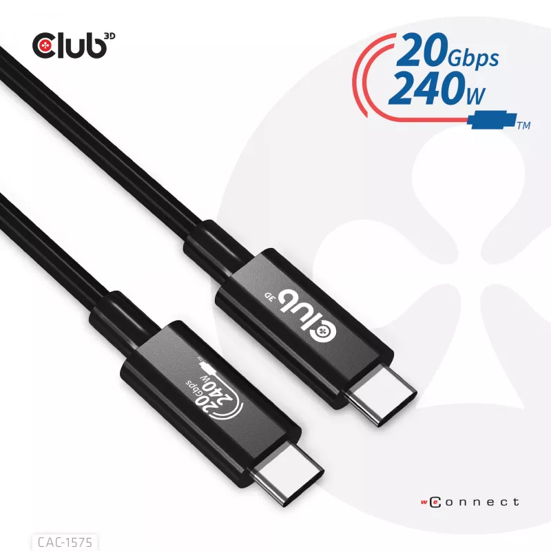 CLUB3D USB4 Gen2x2 Cable Type-C bidireccional 4K60Hz, Datos 20Gbps, PD 240W(48V/5A) EPR M/M 2m