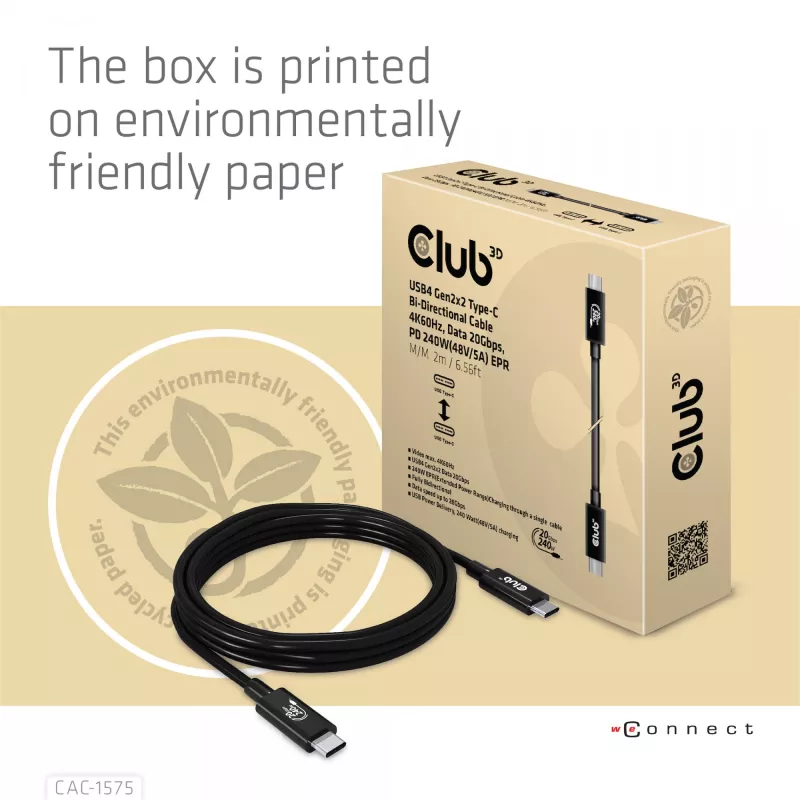 CLUB3D USB4 Gen2x2 Cable Type-C bidireccional 4K60Hz, Datos 20Gbps, PD 240W(48V/5A) EPR M/M 2m