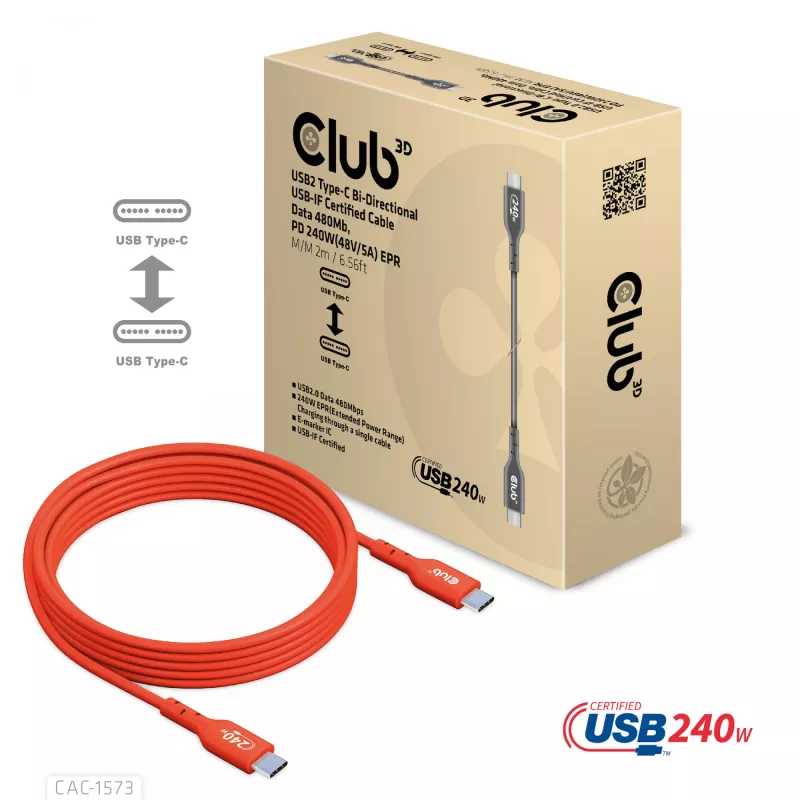 Cable USB-C a USB-C bidireccional CLUB3D CAC-1573, USB4 Gen 2x2, 2 m, Rojo, PD hasta 240 W