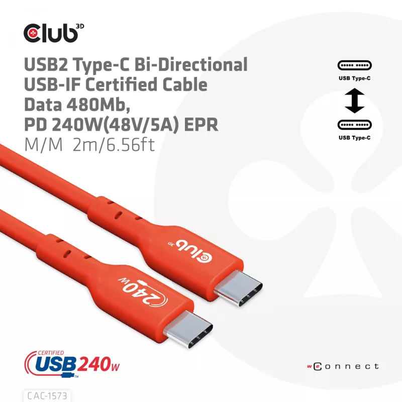 Cable USB-C a USB-C bidireccional CLUB3D CAC-1573, USB4 Gen 2x2, 2 m, Rojo, PD hasta 240 W