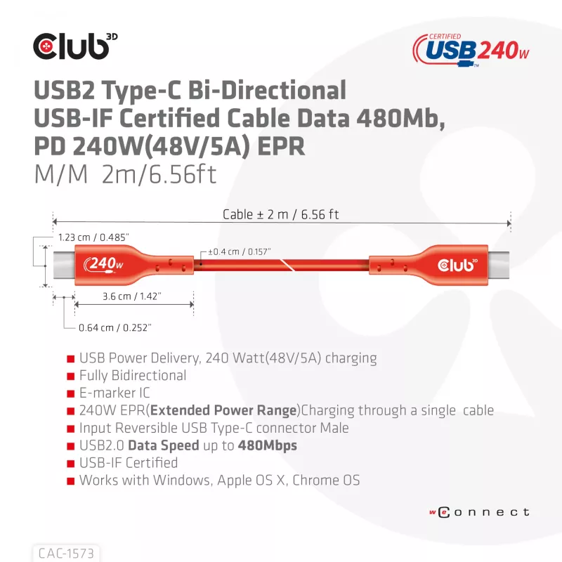 Cable USB-C a USB-C bidireccional CLUB3D CAC-1573, USB4 Gen 2x2, 2 m, Rojo, PD hasta 240 W