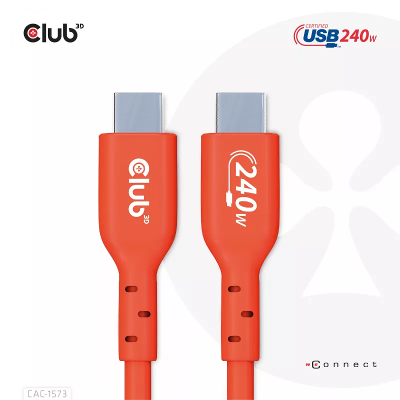 Cable USB-C a USB-C bidireccional CLUB3D CAC-1573, USB4 Gen 2x2, 2 m, Rojo, PD hasta 240 W