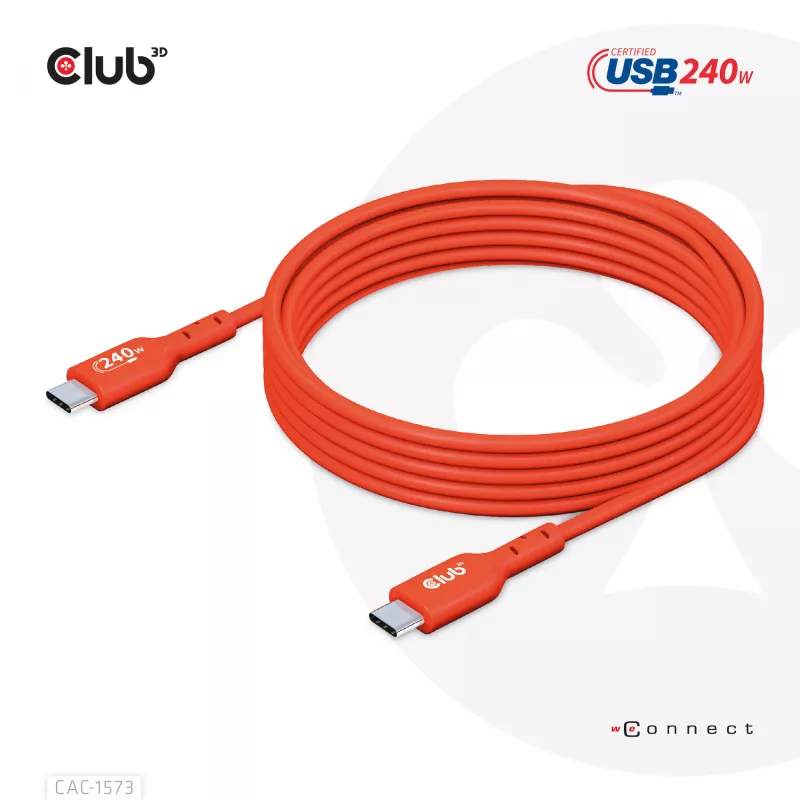 Cable USB-C a USB-C bidireccional CLUB3D CAC-1573, USB4 Gen 2x2, 2 m, Rojo, PD hasta 240 W