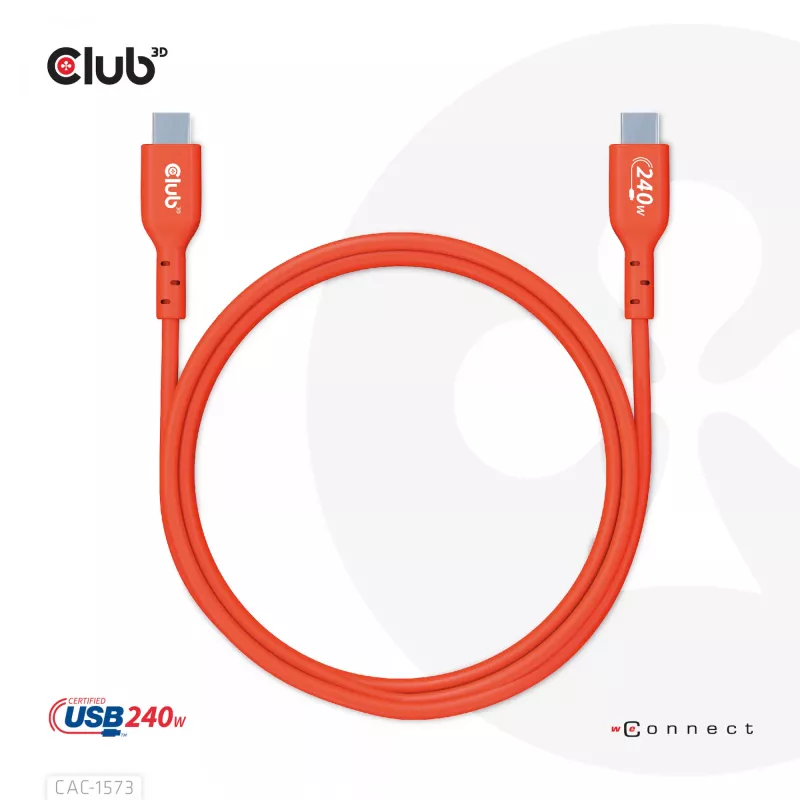 Cable USB-C a USB-C bidireccional CLUB3D CAC-1573, USB4 Gen 2x2, 2 m, Rojo, PD hasta 240 W