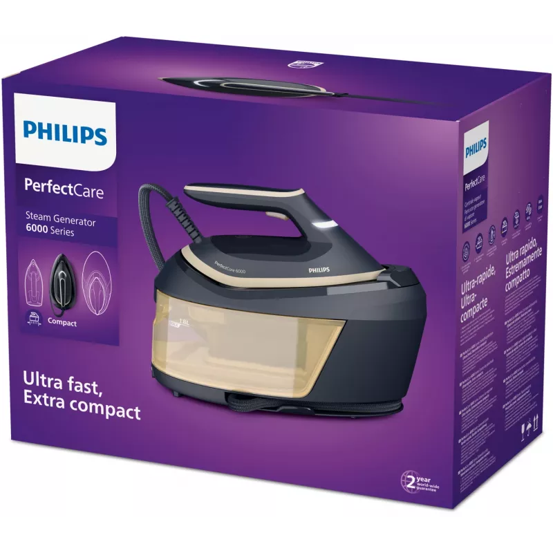 Philips PerfectCare 6000 Series PSG6066/20 centro de planchado, 2400 W, 8 bar, golpe de vapor de 600 g/min, depósito de 1,8 l, suela SteamGlide Advanced, negro/marrón