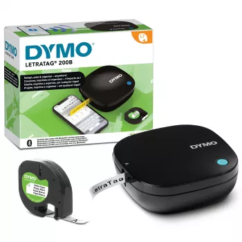 DYMO LetraTag 200B Impresora de etiquetas Bluetooth | Impresora de etiquetas compacta | Se conecta mediante tecnología inalámbrica Bluetooth con iOS y Android | Incluye 1 cinta de etiquetas de papel blanca | Negro