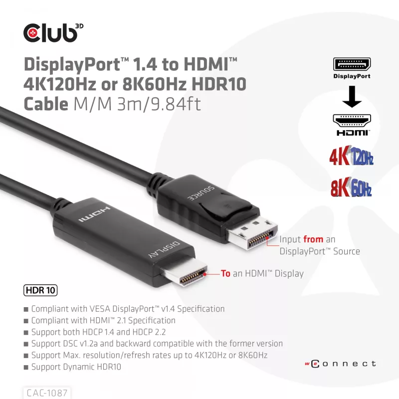 CLUB3D Cable DisplayPort 1.4 a HDMI 4K120Hz o 8K60Hz HDR10 M/M 3m/9,84ft