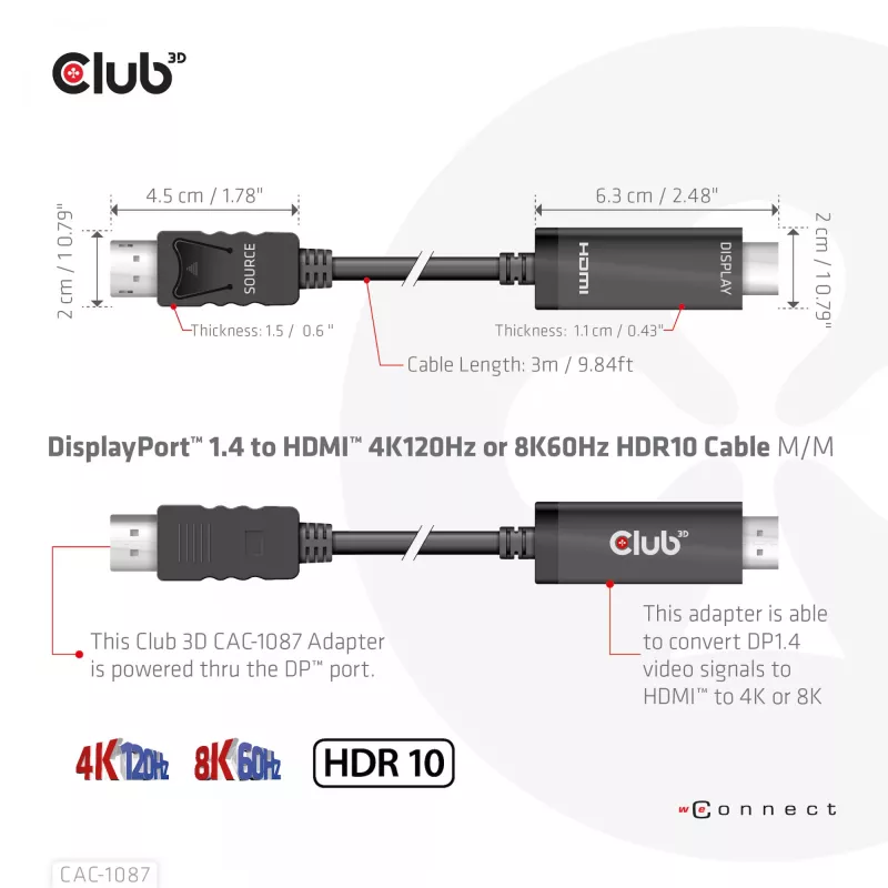 CLUB3D Cable DisplayPort 1.4 a HDMI 4K120Hz o 8K60Hz HDR10 M/M 3m/9,84ft