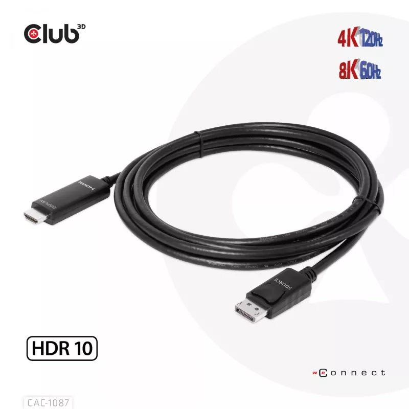 CLUB3D Cable DisplayPort 1.4 a HDMI 4K120Hz o 8K60Hz HDR10 M/M 3m/9,84ft