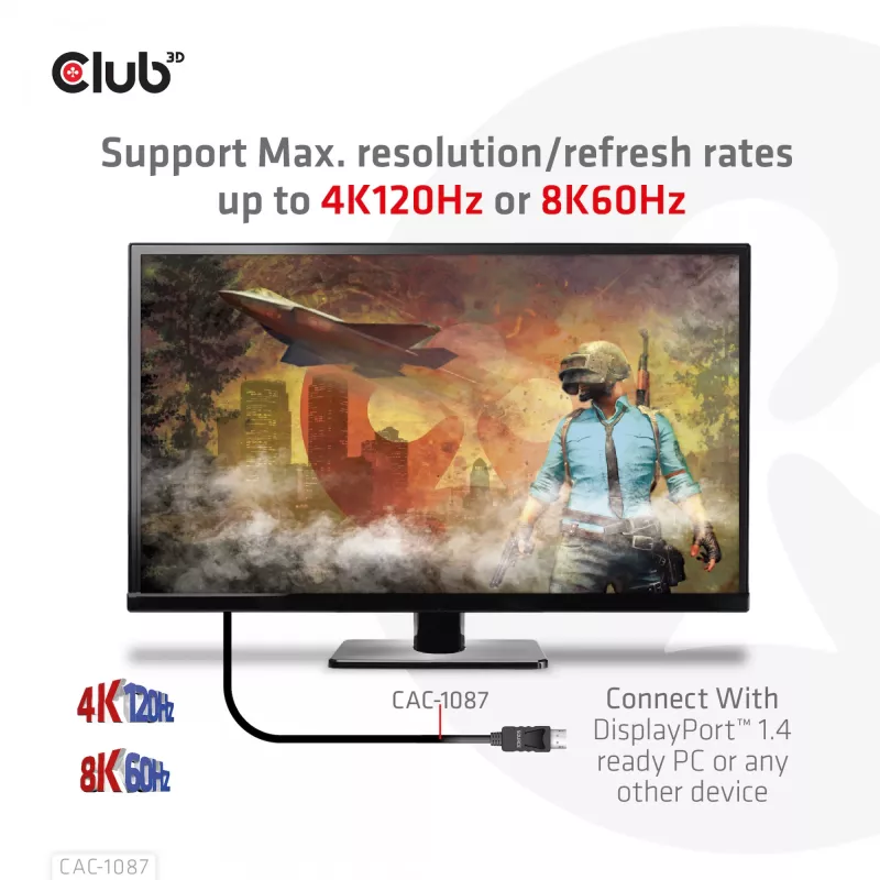 CLUB3D Cable DisplayPort 1.4 a HDMI 4K120Hz o 8K60Hz HDR10 M/M 3m/9,84ft