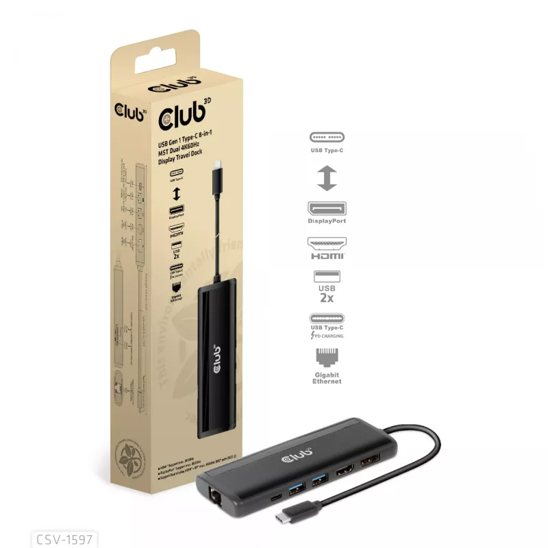 CLUB3D USB Gen 1 Type-C 8 en 1 MST Dual 4K60Hz Display Travel Dock
