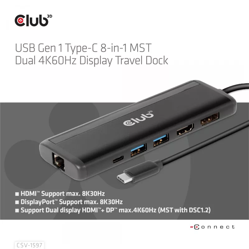 CLUB3D USB Gen 1 Type-C 8 en 1 MST Dual 4K60Hz Display Travel Dock