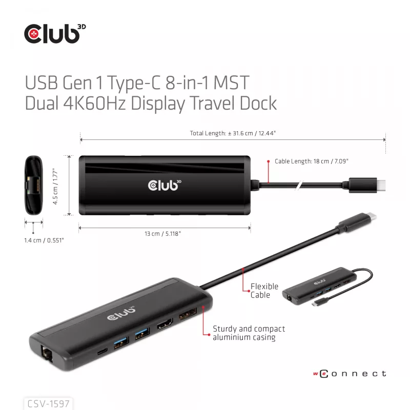 CLUB3D USB Gen 1 Type-C 8 en 1 MST Dual 4K60Hz Display Travel Dock