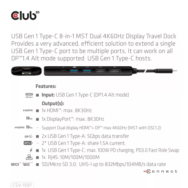 CLUB3D USB Gen 1 Type-C 8 en 1 MST Dual 4K60Hz Display Travel Dock