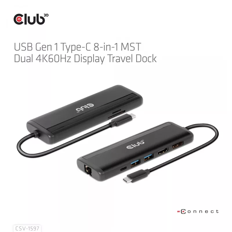 CLUB3D USB Gen 1 Type-C 8 en 1 MST Dual 4K60Hz Display Travel Dock
