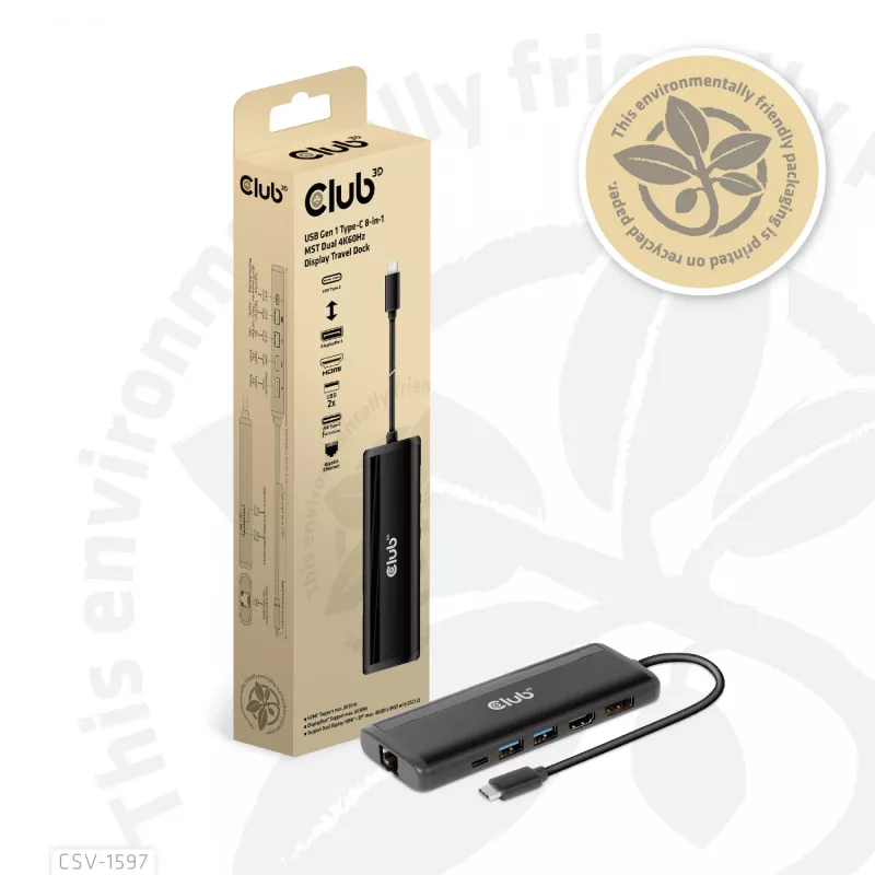 CLUB3D USB Gen 1 Type-C 8 en 1 MST Dual 4K60Hz Display Travel Dock