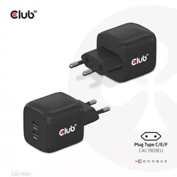 CLUB3D Cargador de viaje PPS 45W tecnología GAN, Dual-Port USB Type-C, soporte Power Delivery (PD) 3.0