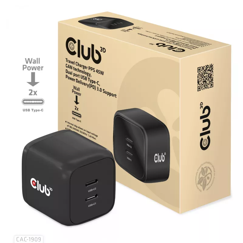 CLUB3D Cargador de viaje PPS 45W tecnología GAN, Dual-Port USB Type-C, soporte Power Delivery (PD) 3.0