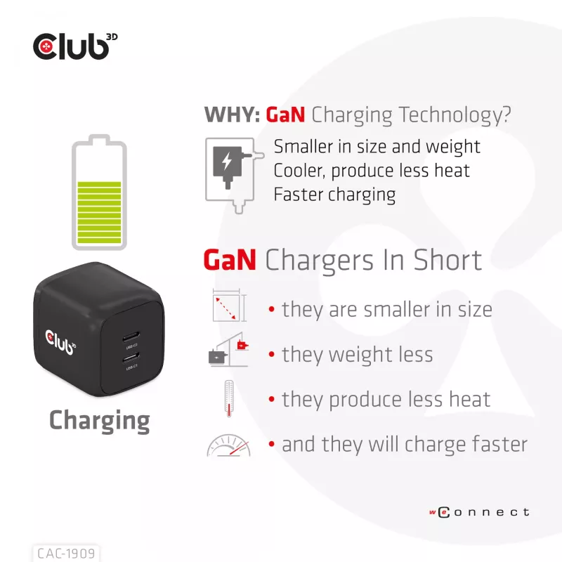 CLUB3D Cargador de viaje PPS 45W tecnología GAN, Dual-Port USB Type-C, soporte Power Delivery (PD) 3.0