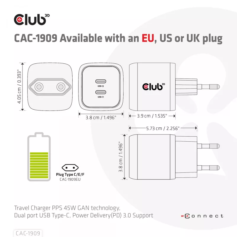 CLUB3D Cargador de viaje PPS 45W tecnología GAN, Dual-Port USB Type-C, soporte Power Delivery (PD) 3.0