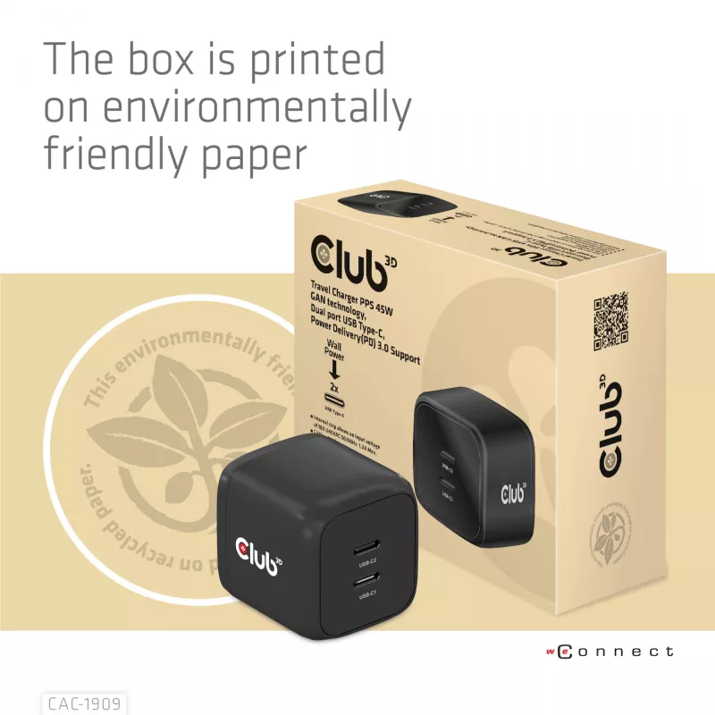 CLUB3D Cargador de viaje PPS 45W tecnología GAN, Dual-Port USB Type-C, soporte Power Delivery (PD) 3.0