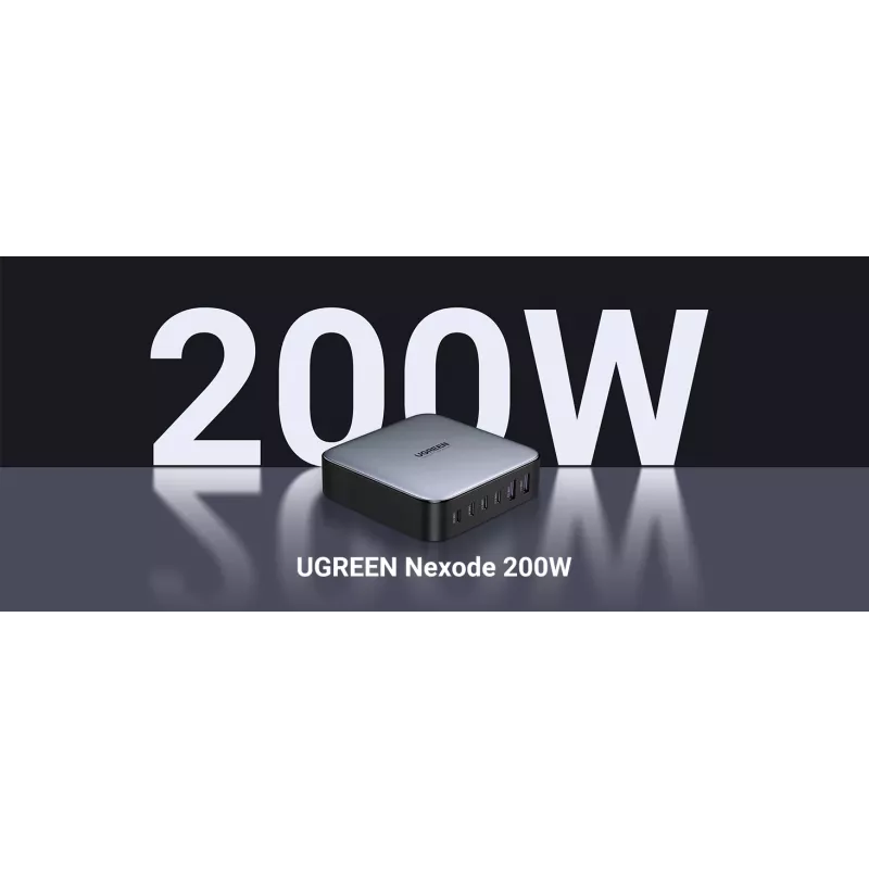 Ugreen 40914 Nexode Cargador de sobremesa USB-C-USB-A GaN 200W, para interiores, CA, 21 V, 5 A, 2 m, negro, gris