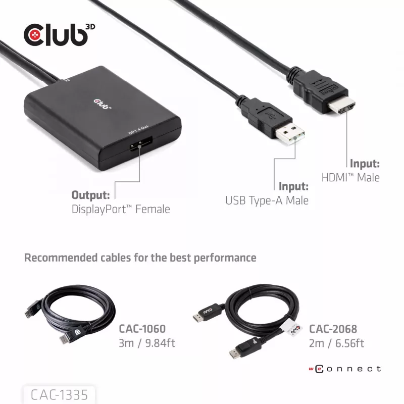 CLUB3D Adaptador activo HDMI + Micro USB a DisplayPort™ 4K120Hz o 8K30Hz M/H