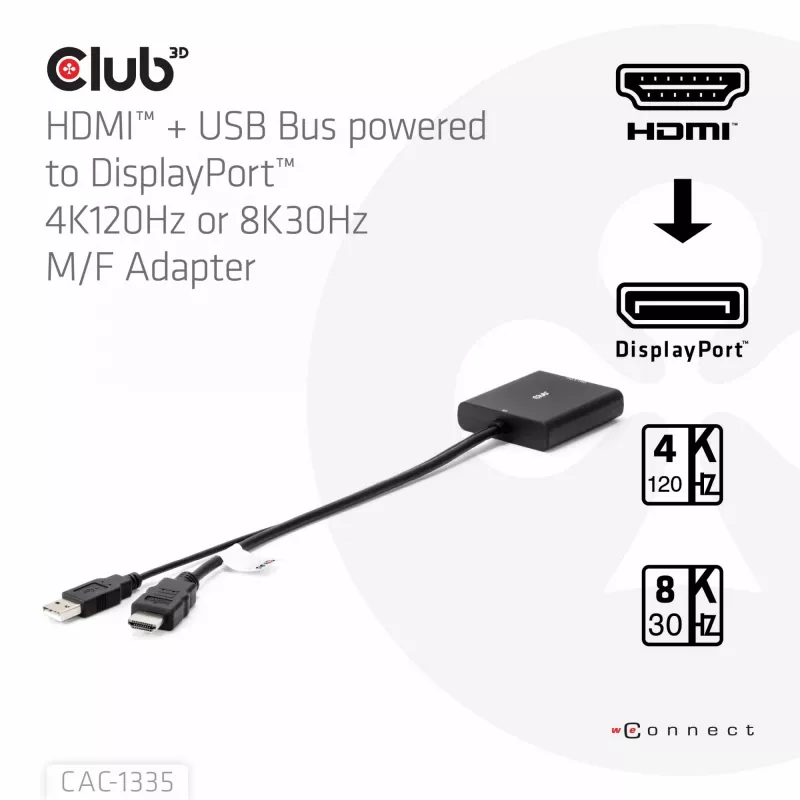 CLUB3D Adaptador activo HDMI + Micro USB a DisplayPort™ 4K120Hz o 8K30Hz M/H