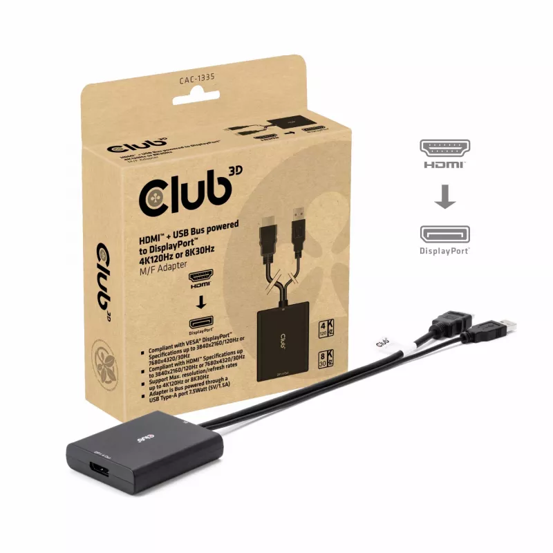 CLUB3D Adaptador activo HDMI + Micro USB a DisplayPort™ 4K120Hz o 8K30Hz M/H