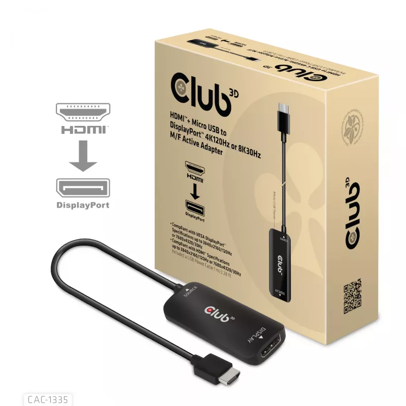 CLUB3D Adaptador activo HDMI + Micro USB a DisplayPort™ 4K120Hz o 8K30Hz M/H