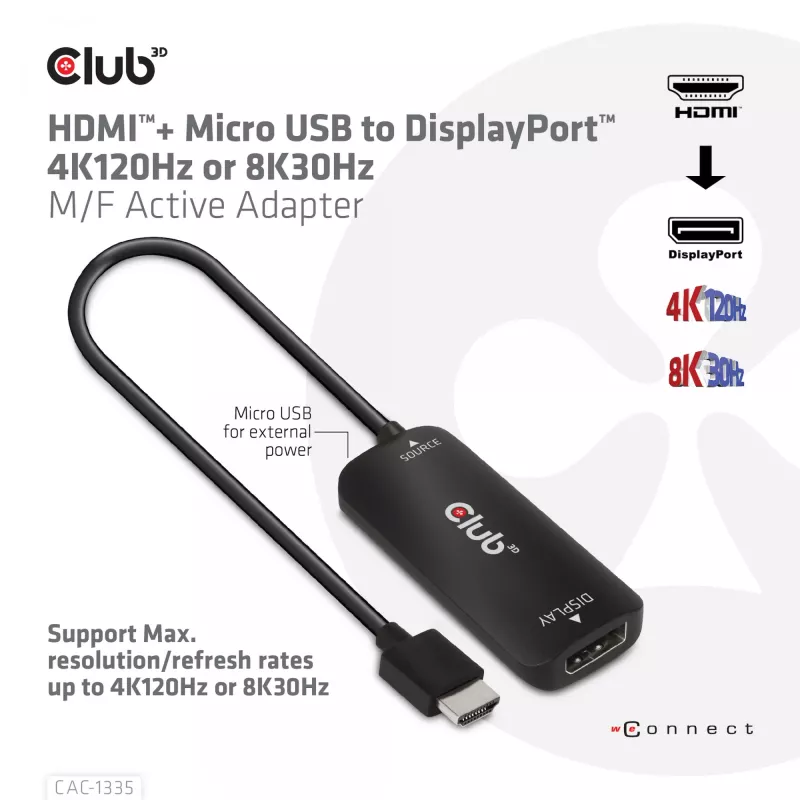 CLUB3D Adaptador activo HDMI + Micro USB a DisplayPort™ 4K120Hz o 8K30Hz M/H