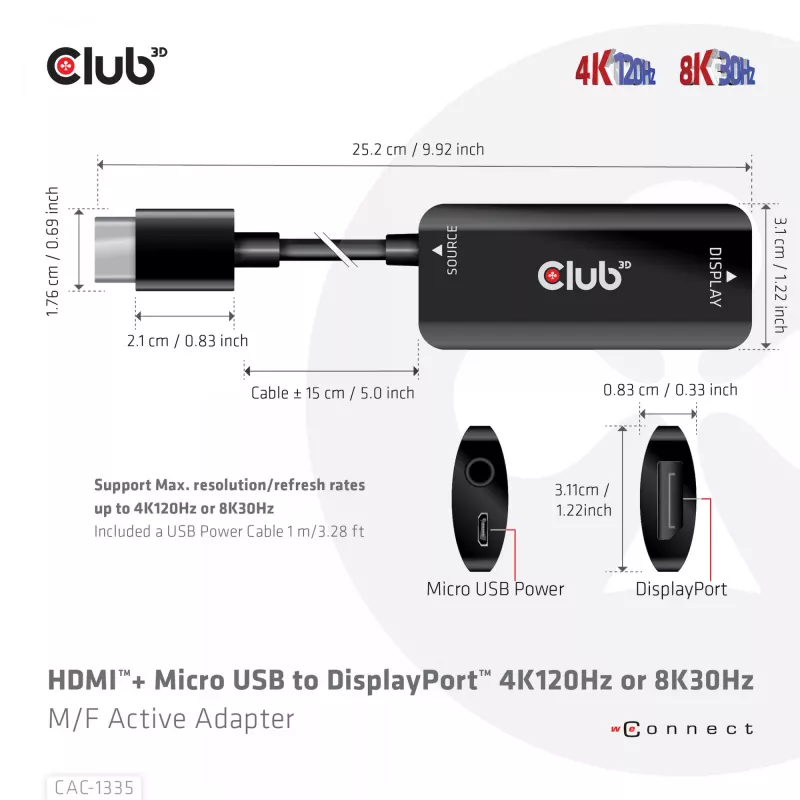 CLUB3D Adaptador activo HDMI + Micro USB a DisplayPort™ 4K120Hz o 8K30Hz M/H