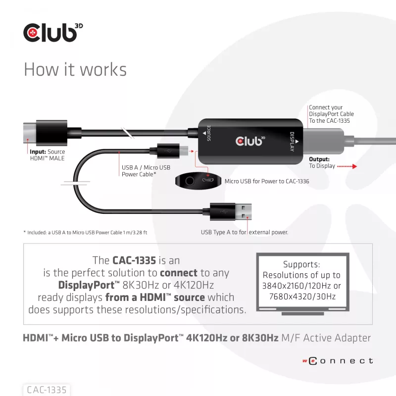 CLUB3D Adaptador activo HDMI + Micro USB a DisplayPort™ 4K120Hz o 8K30Hz M/H
