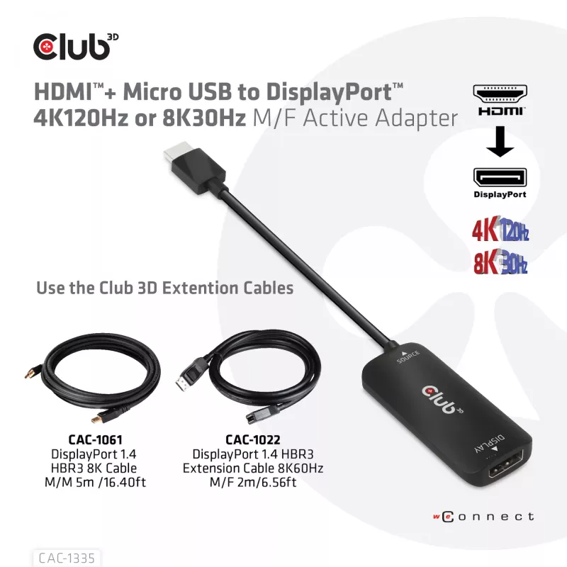 CLUB3D Adaptador activo HDMI + Micro USB a DisplayPort™ 4K120Hz o 8K30Hz M/H