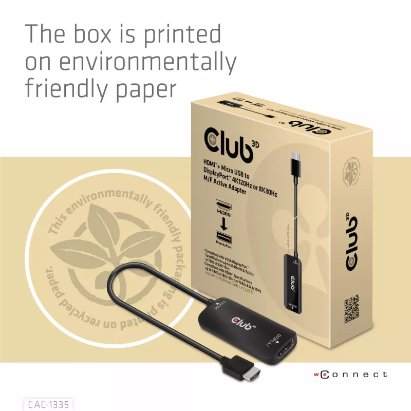 CLUB3D Adaptador activo HDMI + Micro USB a DisplayPort™ 4K120Hz o 8K30Hz M/H
