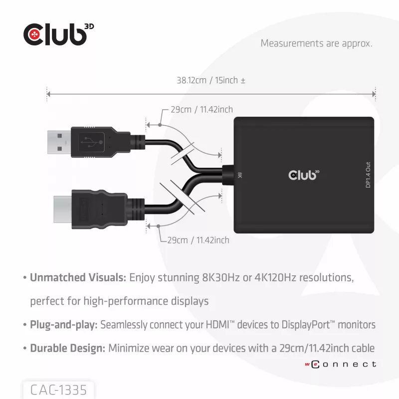 CLUB3D Adaptador activo HDMI + Micro USB a DisplayPort™ 4K120Hz o 8K30Hz M/H