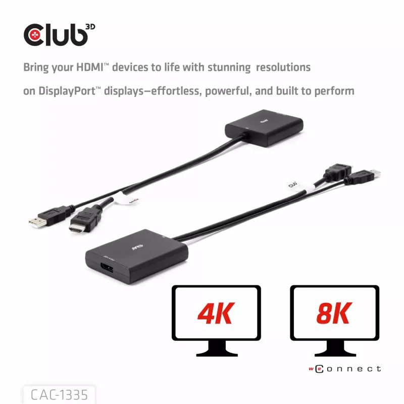 CLUB3D Adaptador activo HDMI + Micro USB a DisplayPort™ 4K120Hz o 8K30Hz M/H