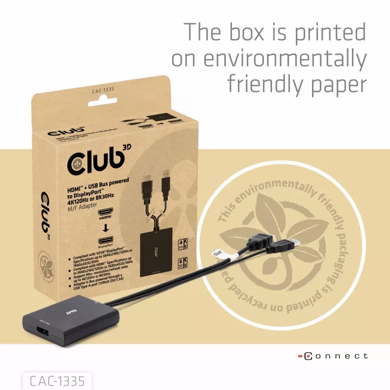 CLUB3D Adaptador activo HDMI + Micro USB a DisplayPort™ 4K120Hz o 8K30Hz M/H