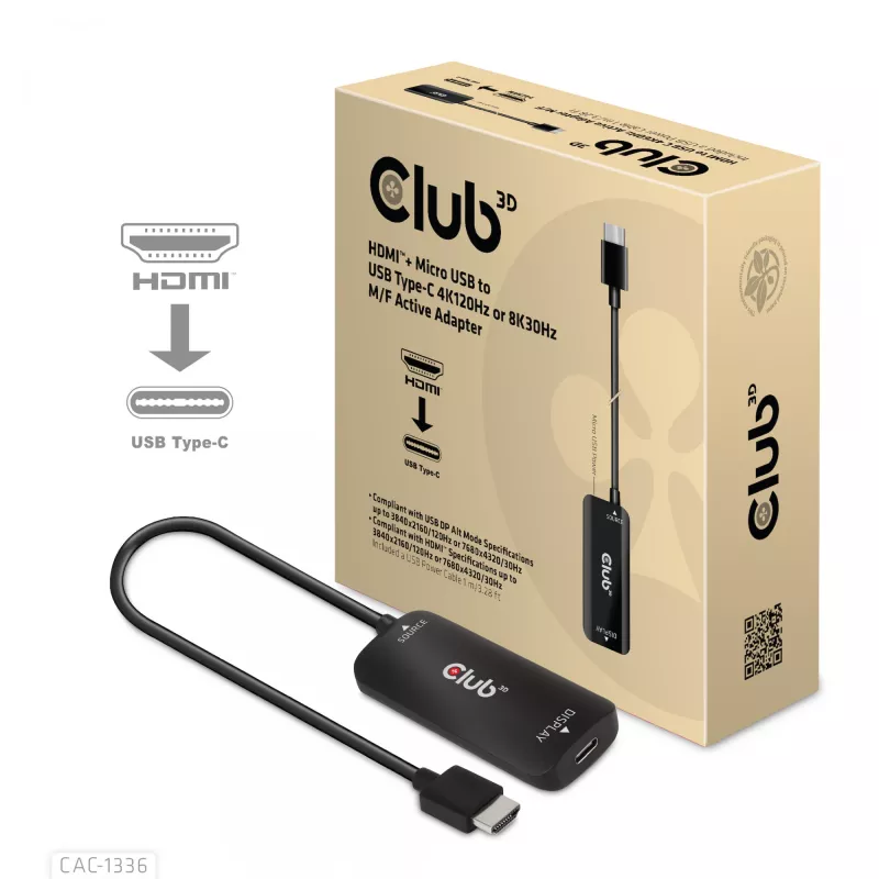 CLUB3D Adaptador activo HDMI + Micro USB a USB Type-C 4K120Hz o 8K30Hz M/H