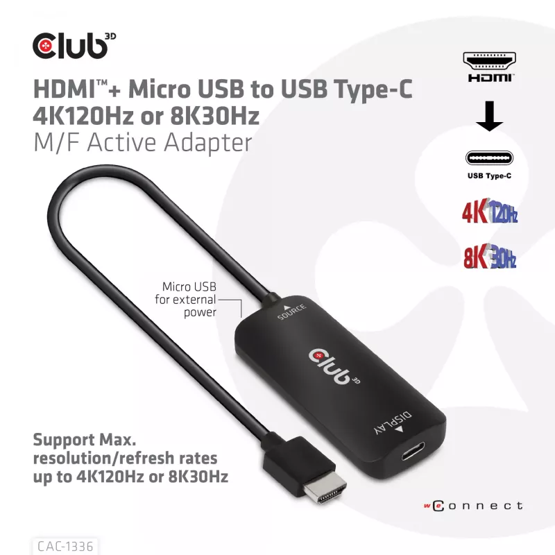 CLUB3D Adaptador activo HDMI + Micro USB a USB Type-C 4K120Hz o 8K30Hz M/H