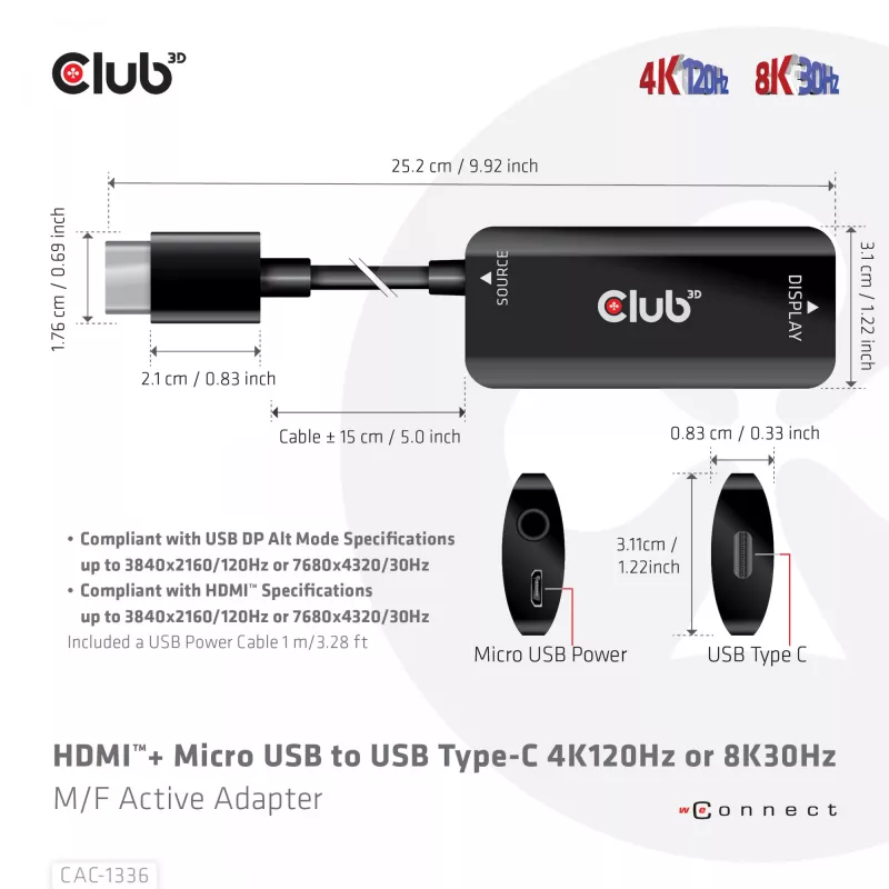 CLUB3D Adaptador activo HDMI + Micro USB a USB Type-C 4K120Hz o 8K30Hz M/H