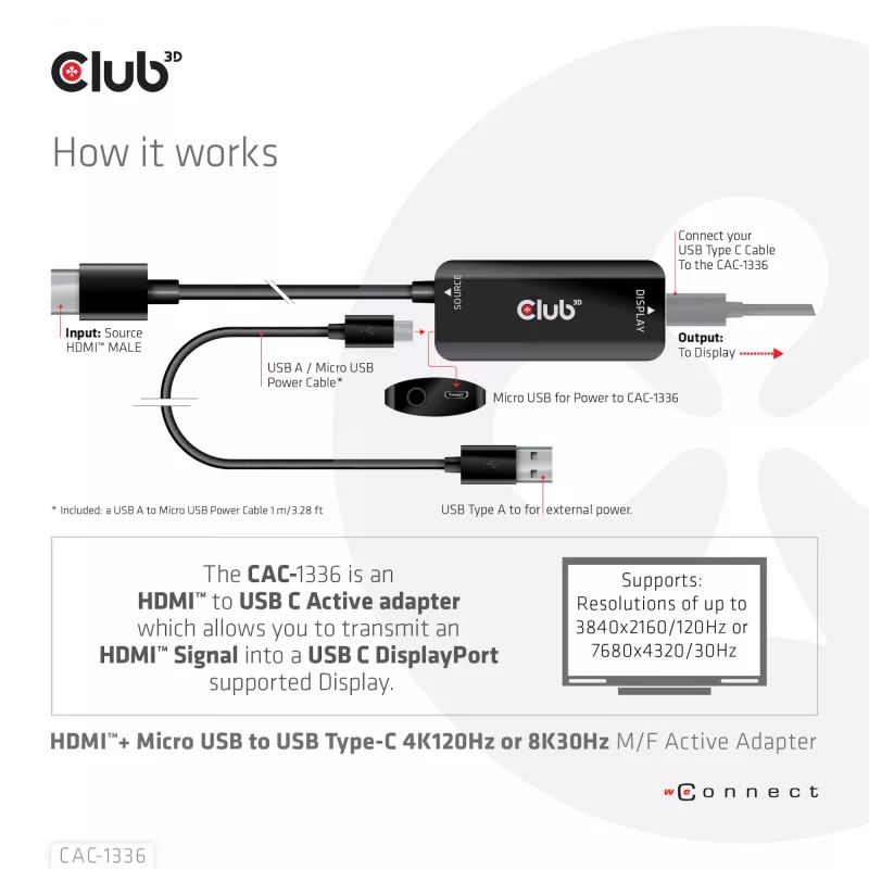 CLUB3D Adaptador activo HDMI + Micro USB a USB Type-C 4K120Hz o 8K30Hz M/H