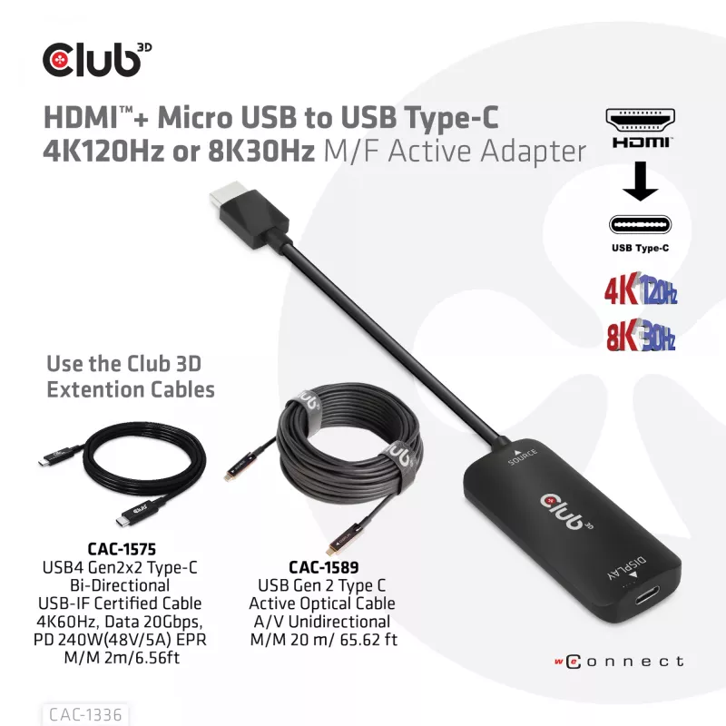 CLUB3D Adaptador activo HDMI + Micro USB a USB Type-C 4K120Hz o 8K30Hz M/H