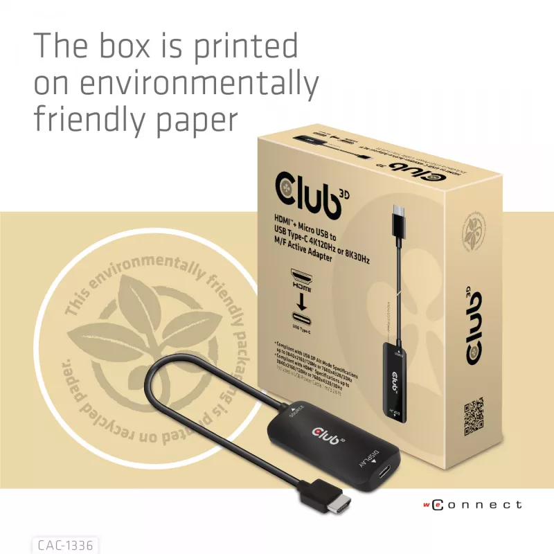 CLUB3D Adaptador activo HDMI + Micro USB a USB Type-C 4K120Hz o 8K30Hz M/H