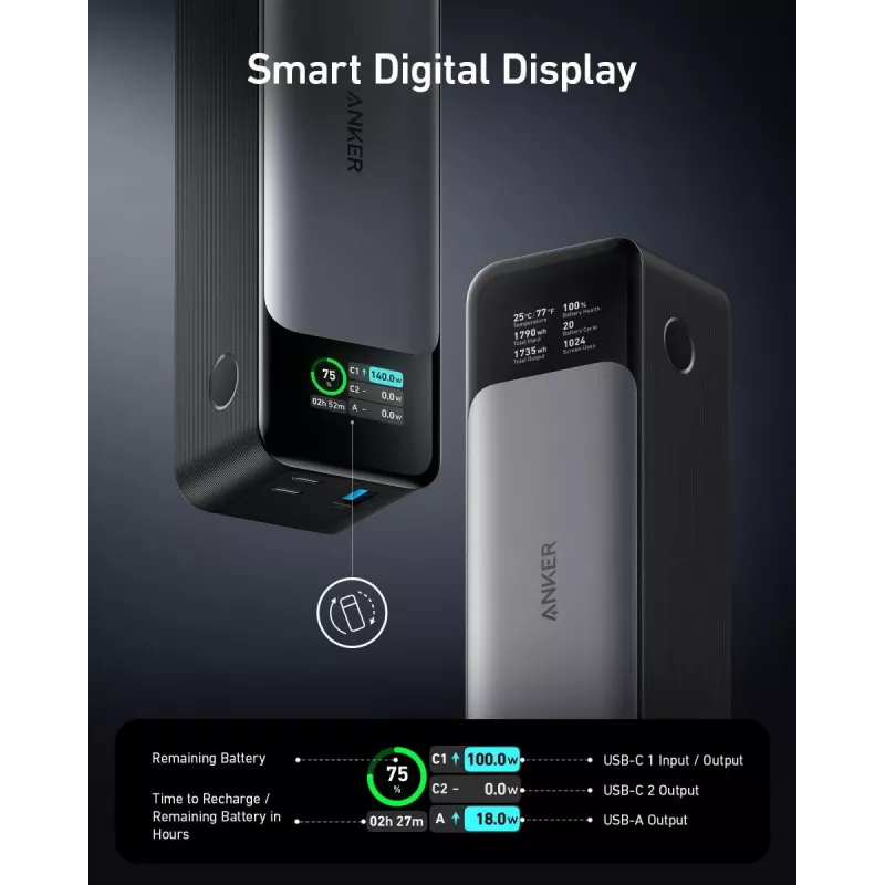 Cargador portátil Anker 737 (A1289011) – 24000 mAh, 140 W, 2× USB-C + 1× USB-A, plata/negro