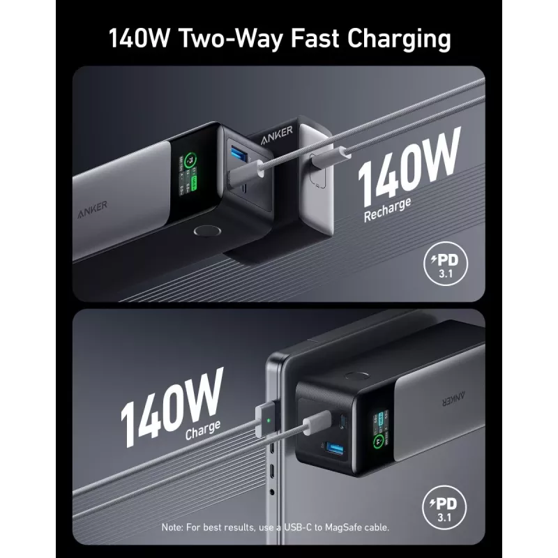 Cargador portátil Anker 737 (A1289011) – 24000 mAh, 140 W, 2× USB-C + 1× USB-A, plata/negro
