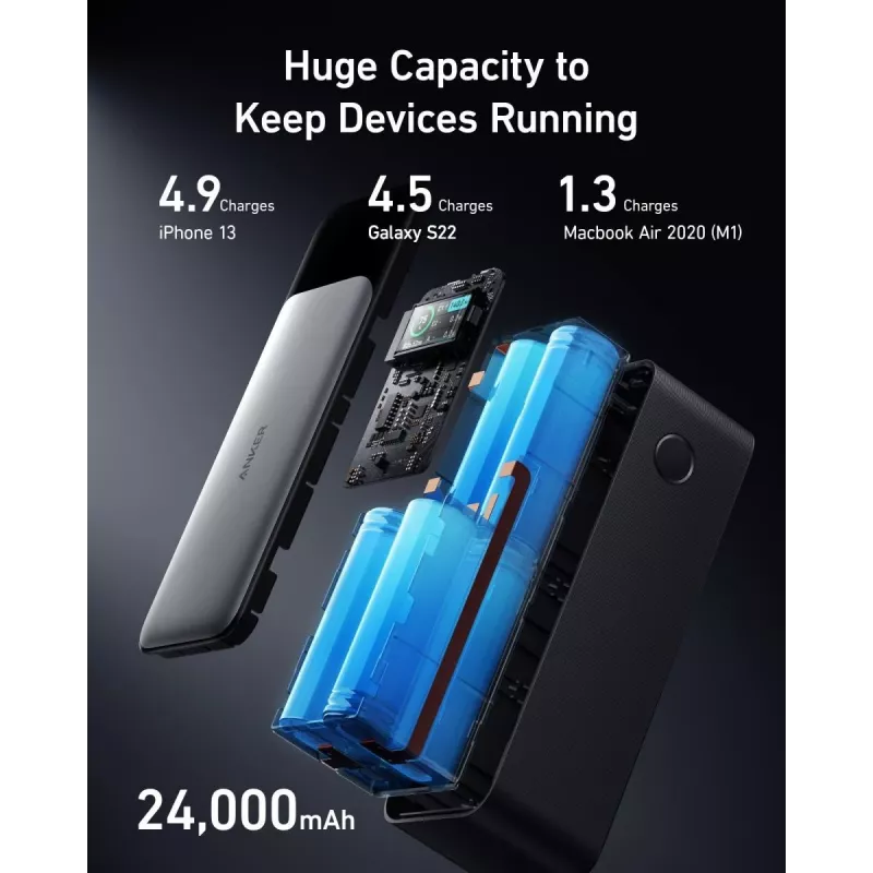 Cargador portátil Anker 737 (A1289011) – 24000 mAh, 140 W, 2× USB-C + 1× USB-A, plata/negro