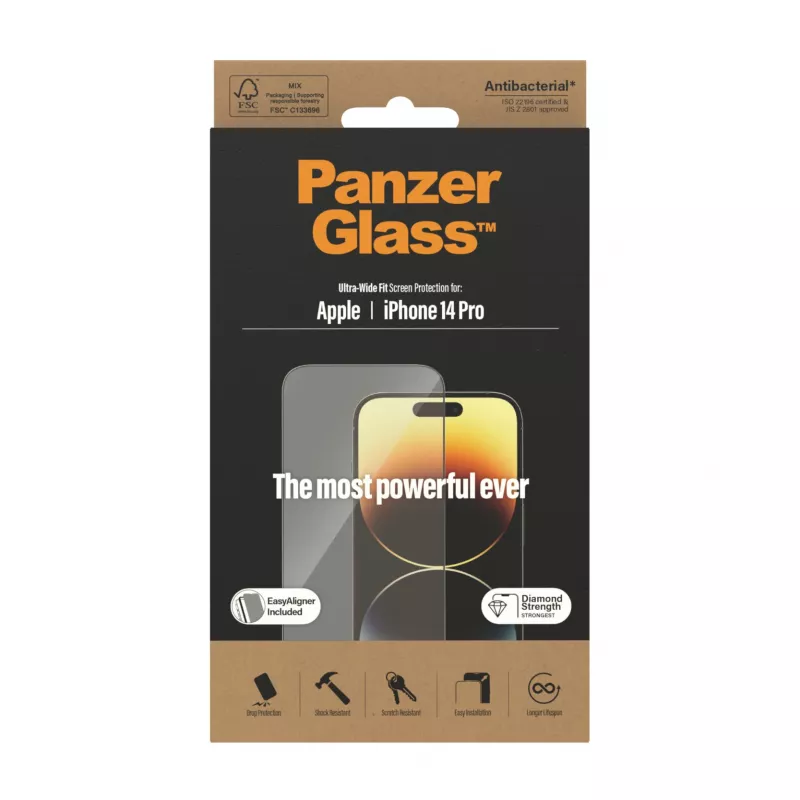 PanzerGlass Protector de pantalla para Apple iPhone 14 Pro Ultra-Wide Fit EasyAligner resistente a arañazos resistente a golpes