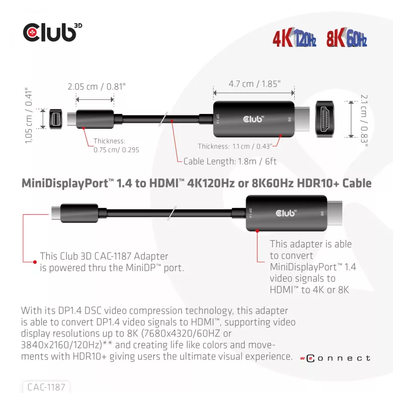 CLUB3D Cable MiniDisplayPort 1.4 a HDMI 4K120Hz o 8K60Hz HDR10+ M/M 1,8m / 6ft
