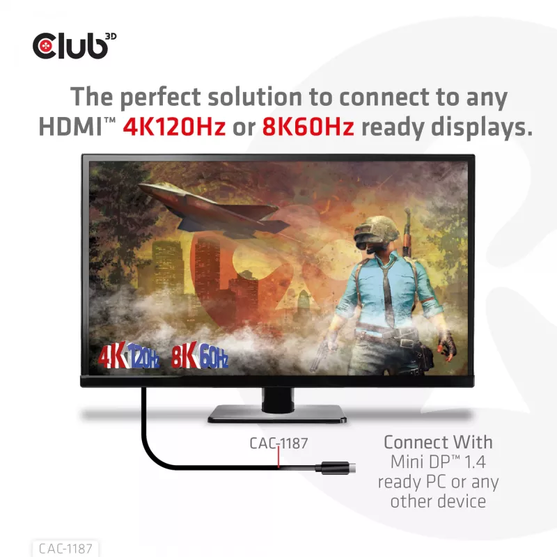 CLUB3D Cable MiniDisplayPort 1.4 a HDMI 4K120Hz o 8K60Hz HDR10+ M/M 1,8m / 6ft